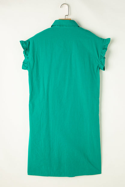 Shirred Ruffle Sleeve Button-Up Mini Dress