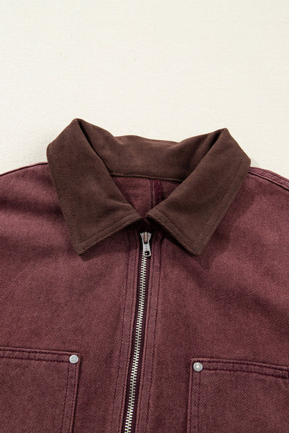 Corduroy Collar Zipped Front Denim Jacket