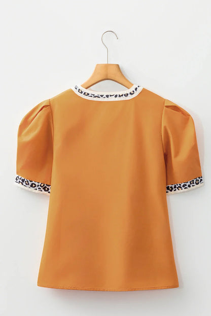 Leopard Contrast Trim Split Neck Puff Sleeve Blouse