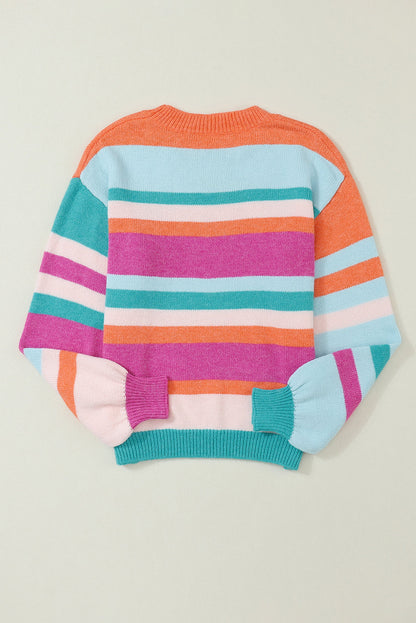 Stripe Knit Drop Shoulder Puff Sleeve Sweater