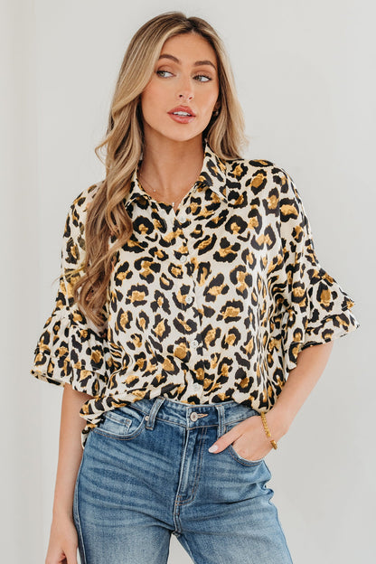 Leopard Ruffle Trim 3/4 Sleeve Loose Shirt