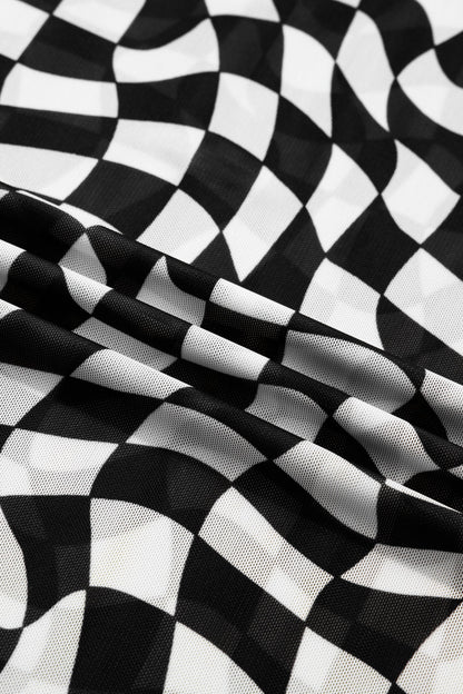 Checker Mesh Mock Neck Short Sleeve T-Shirt