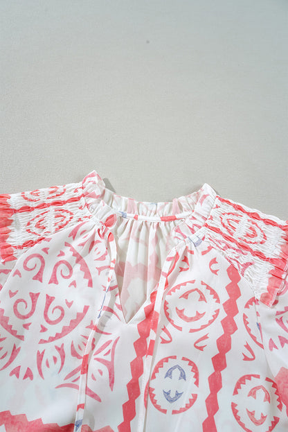 Abstract Poet Collar Smocked Long Sleeve Blouse