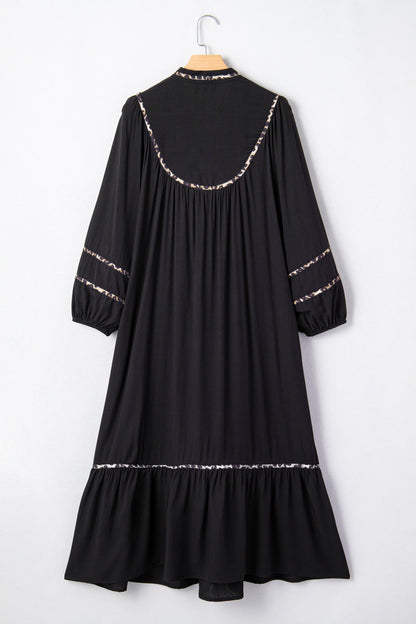 Contrast Trim Split Neck Midi Dress