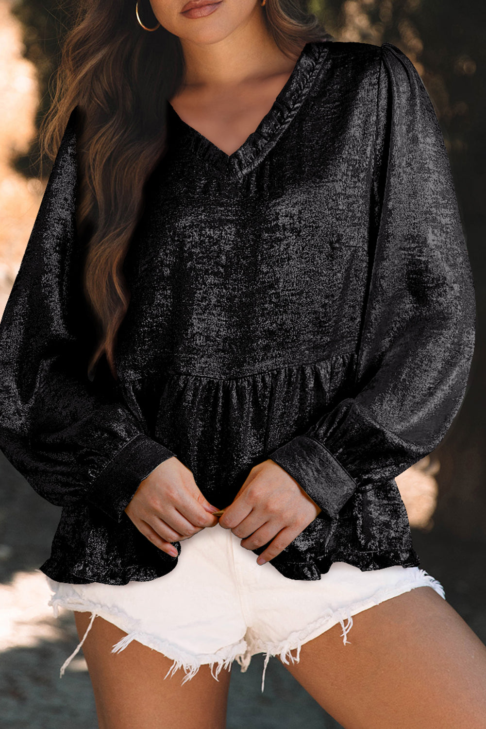 Solid Metallic V-Neck Puff Sleeve Babydoll Blouse