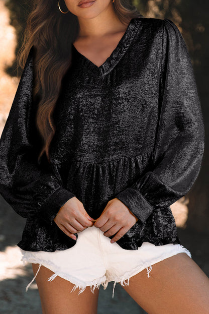 Solid Metallic V-Neck Puff Sleeve Babydoll Blouse