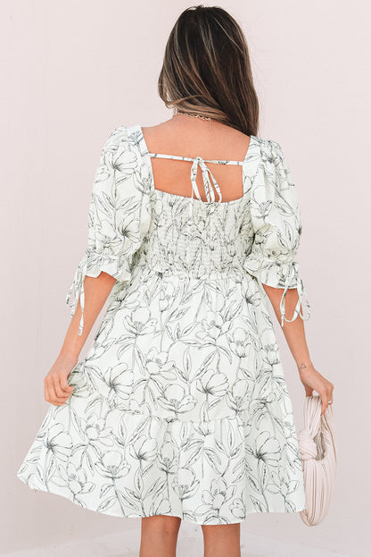 Floral Square Neck Shirred Back Mini Dress