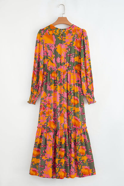 Floral Puff Sleeve Smocked Ruffle Maxi Dress