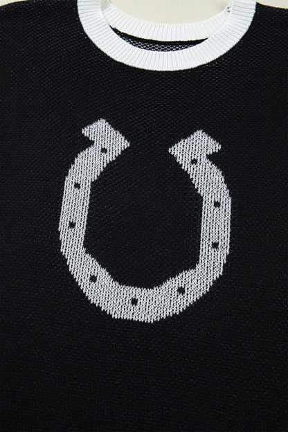 Western Horseshoe Contrast Trim Short Sleeve Sweater