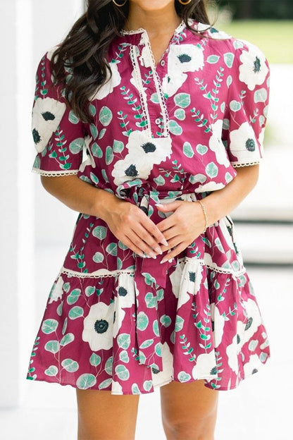 Floral Trim Short Puff-Sleeve Mini Dress with Belt