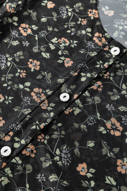 Black Floral Print Mesh Tank Button Front Slim Cardigan 2pcs Set
