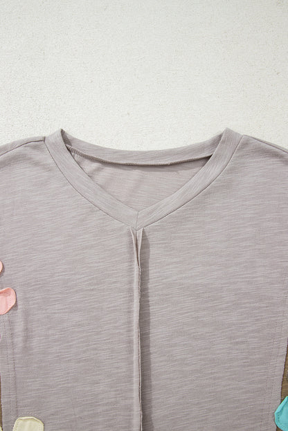 Flower Patch Exposed Seam Bracelet Sleeve T-Shirt