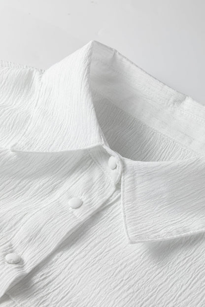 Solid Crinkled Lantern Sleeve Buttoned Shirt
