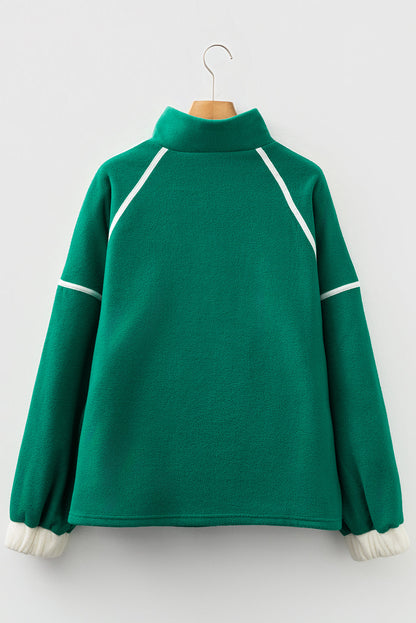 Plus Size Fleece Contrast Trim Half Zip Pocketed Sweatshirt
