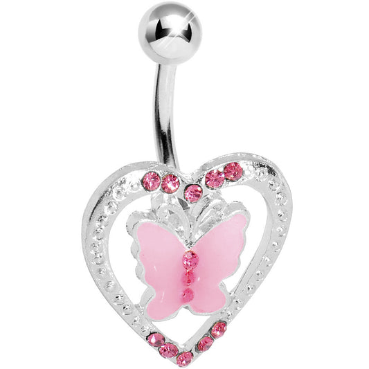 Pink Gem Fluttering Heart Butterfly Belly Ring