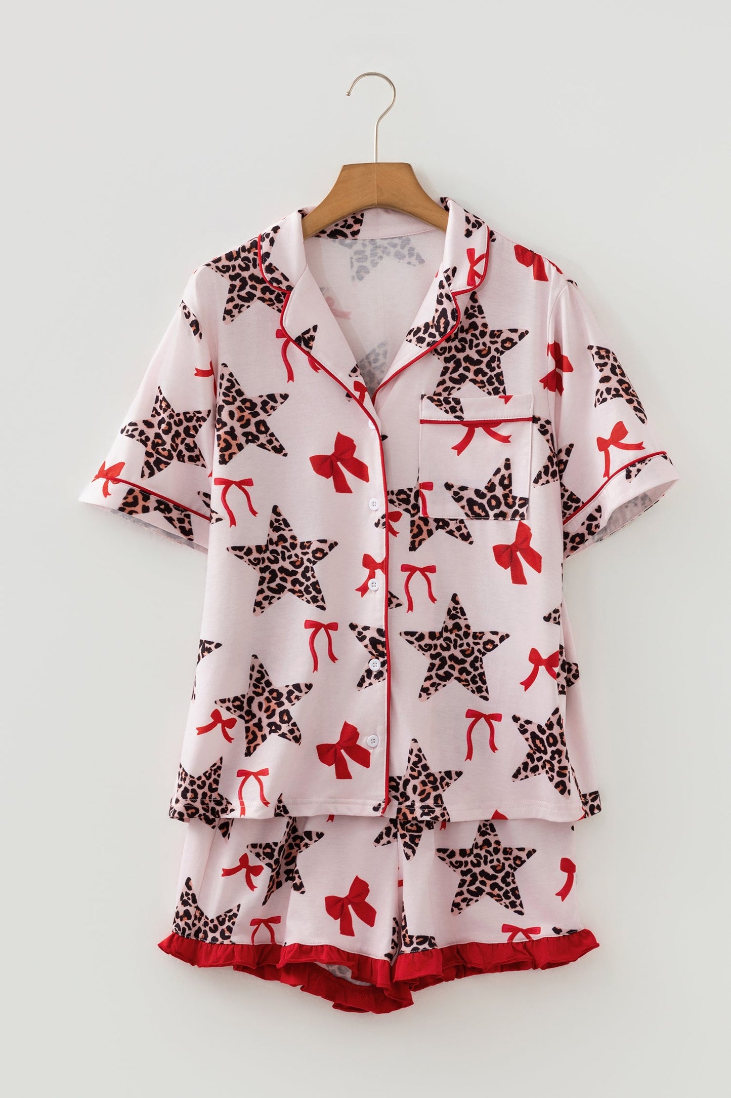 Leopard Star Bow Top & Short Pajama Set