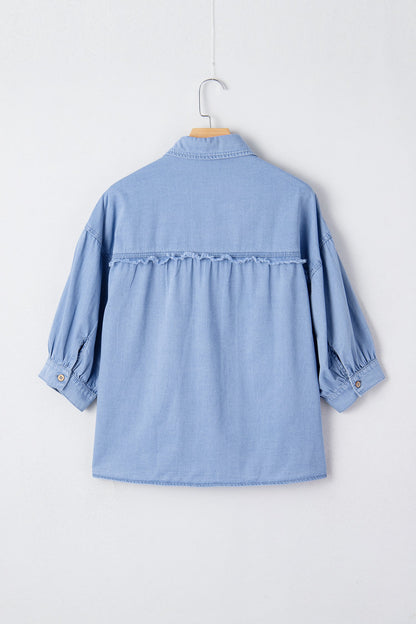 Floral Drop Shoulder Bracelet Sleeve Chambray Shirt