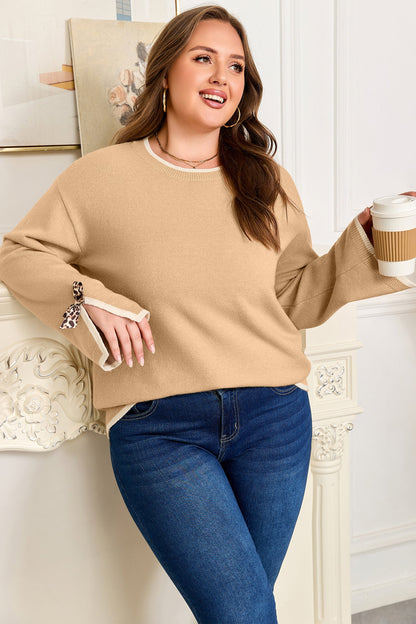 Plus Size Leopard Bow Split Cuff Sweater