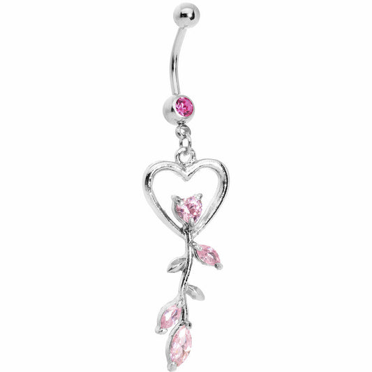Pink Gem Heart Rose Flower Floral Belly Ring