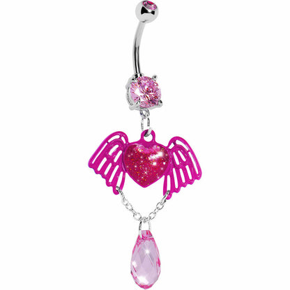 Pink Winged Heart Teardrop Gem Dangle Belly Ring