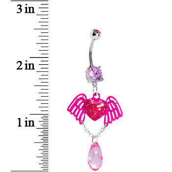 Pink Winged Heart Teardrop Gem Dangle Belly Ring