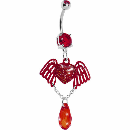 Red Winged Heart Teardrop Gem Dangle Belly Ring