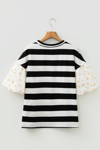 Floral Stripe Puff Sleeve Patchwork Blouse