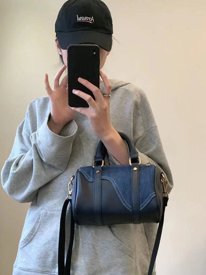 Retro Denim Patchwork Leather Boston Bag