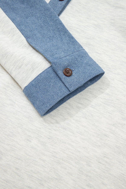 Denim Patchwork Button Polo Collar Long Sleeve