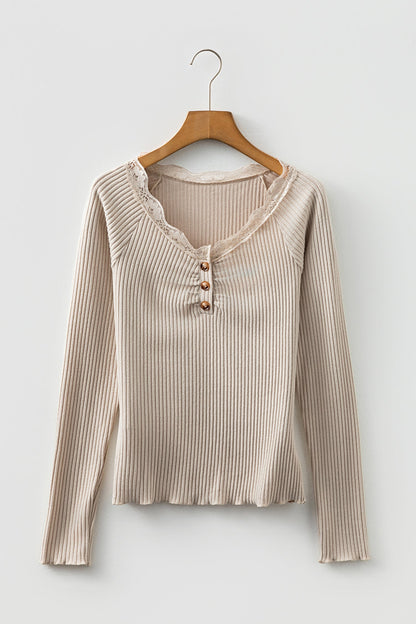 Solid Ribbed Lace Neckline Long Sleeve Top