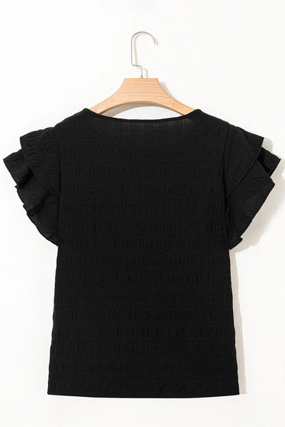 Textured Ruffled Sleeve Round Neck Top