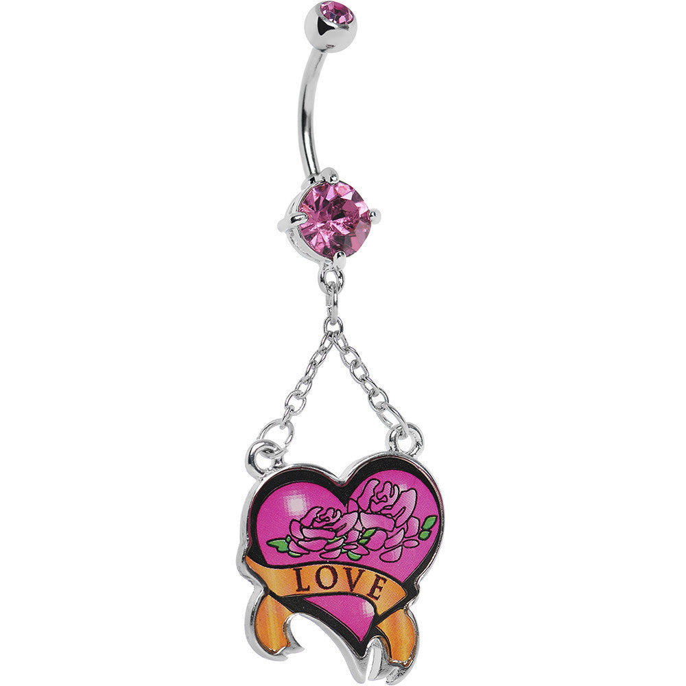 Pink Double Gem Love Rose Flower Heart Belly Ring