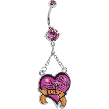 Pink Double Gem Love Rose Flower Heart Belly Ring