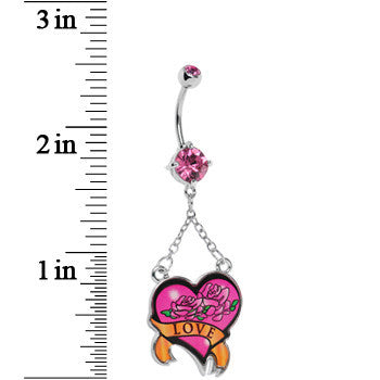 Pink Double Gem Love Rose Flower Heart Belly Ring