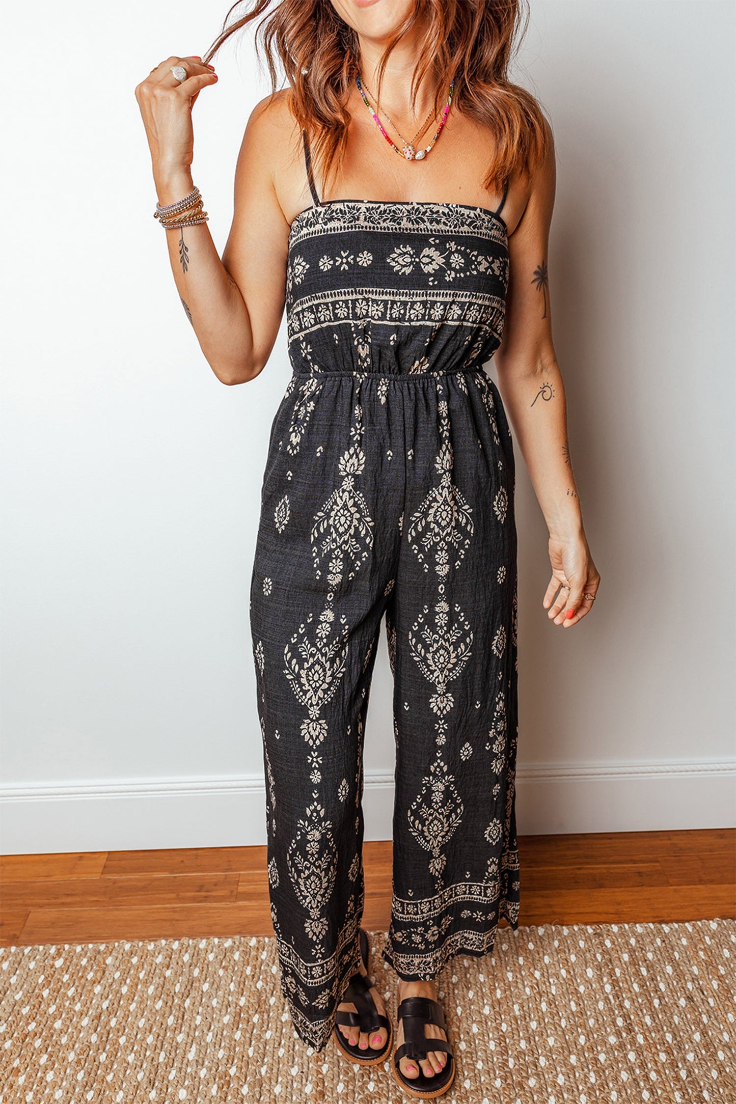 Spaghetti Straps Elastic Waist Loose Jumpsuit