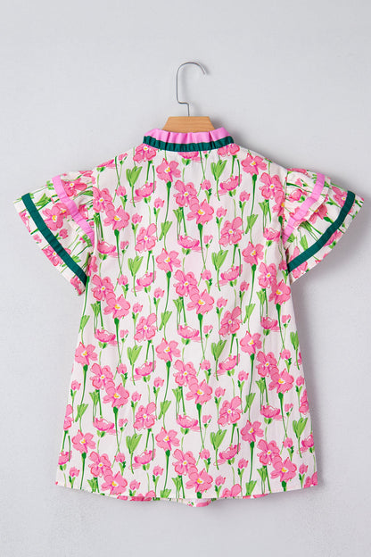 Contrast Trim V-Neck Ruffle Short Sleeve Blouse