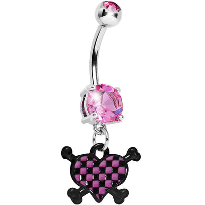 Pink Gem Crossbones Checkerboard Heart Belly Ring