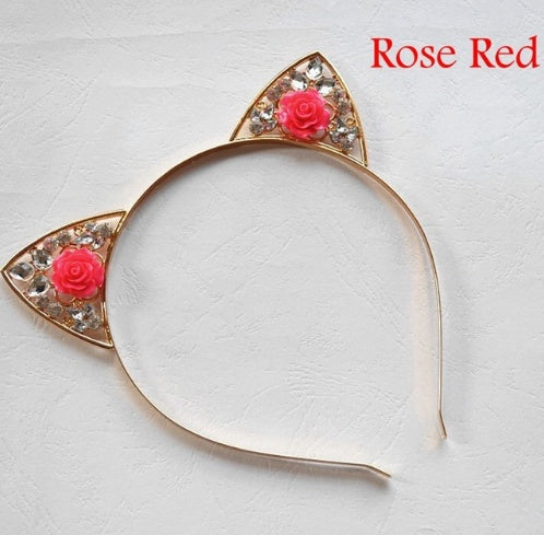 Alloy Diamond Rose Cat Ears Headband