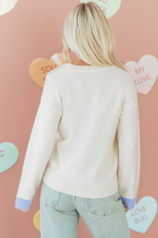 Valentine Gingham Heart Embroidered Crewneck Sweater