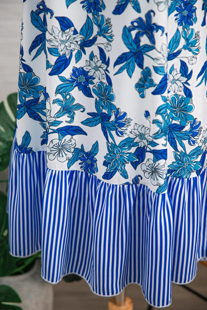 Floral Scoop-Neck Sleeveless Stripe Ruffle-Hem Dress