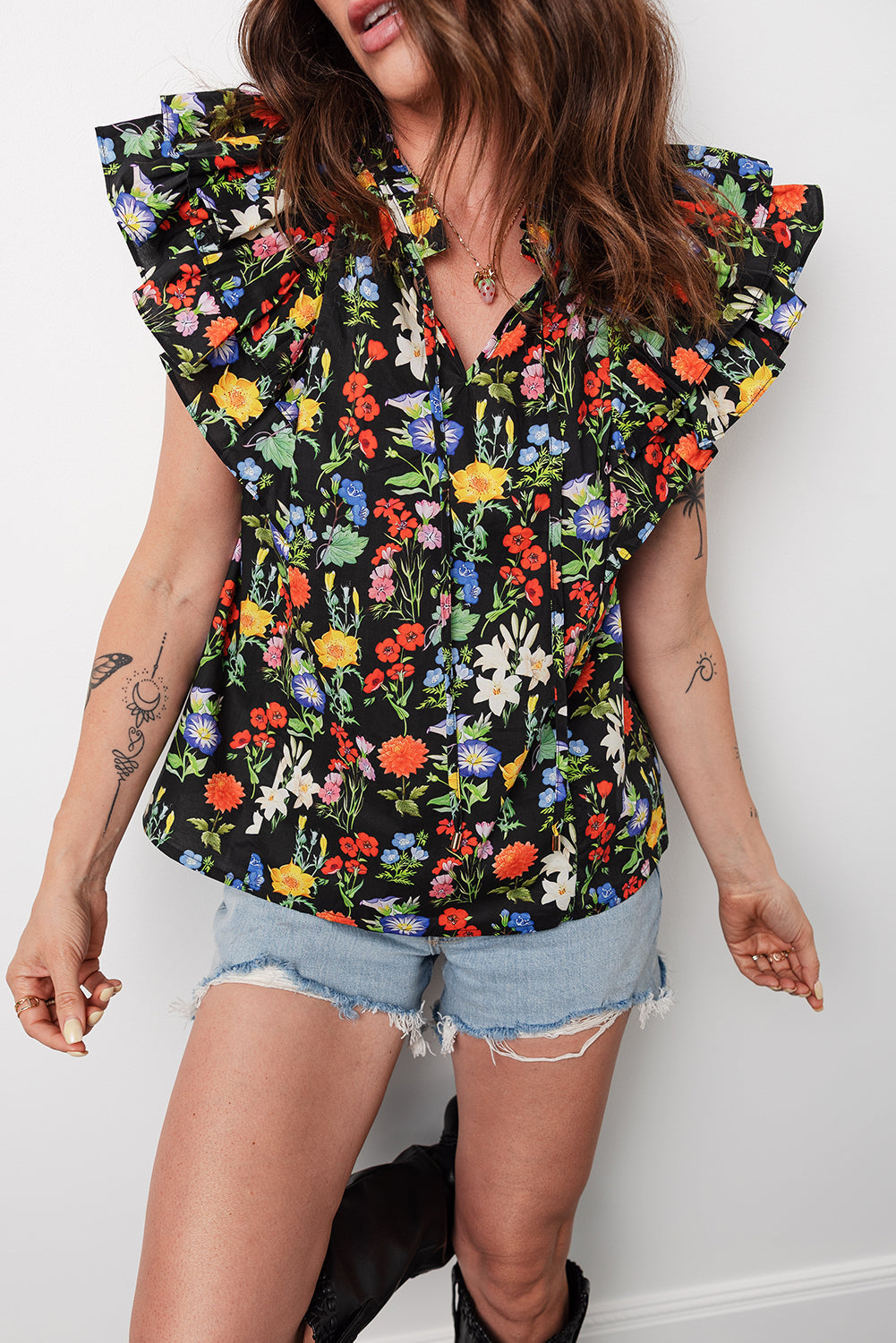 Tiered Flutter Sleeve V-Neck Flower Blouse