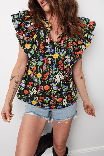 Tiered Flutter Sleeve V-Neck Flower Blouse