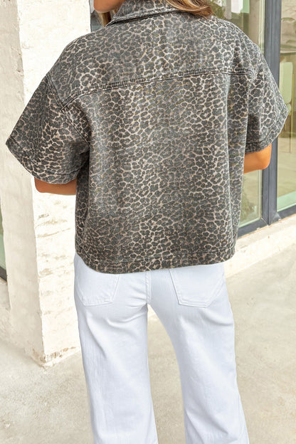 Leopard Vintage Short-Sleeve Loose Cotton Denim Shirt