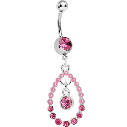 Pink Gem Faux Pearl Teardrop Dangle Belly Ring