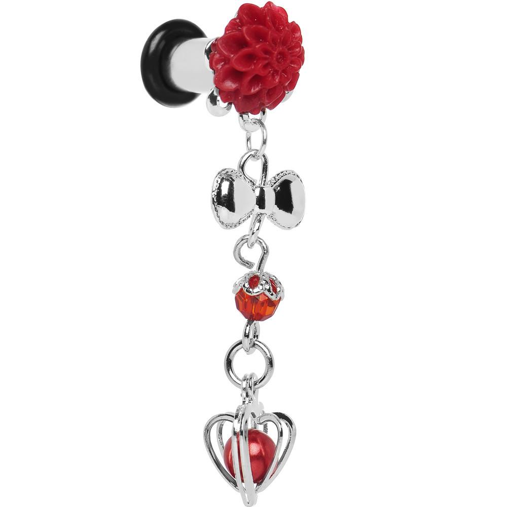 Red Flower Heart to Heart Dangle Plug Sizes 5mm to 00G