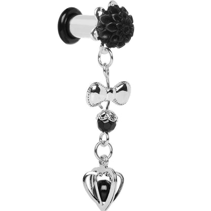0G Black Flower Heart to Heart Dangle Plug Sizes 5mm to 12mm