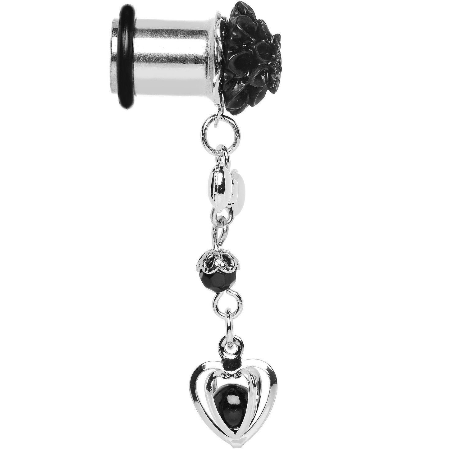 0G Black Flower Heart to Heart Dangle Plug Sizes 5mm to 12mm