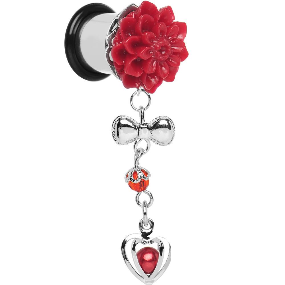 Red Flower Heart to Heart Dangle Plug Sizes 5mm to 00G