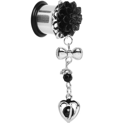 0G Black Flower Heart to Heart Dangle Plug Sizes 5mm to 12mm