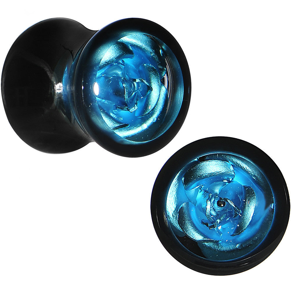0G Black Acrylic Aqua Rose Flower Saddle Plug Set